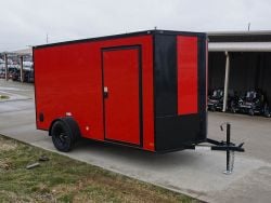 Enclosed Trailer 6x12 Red V-Nose Blackout Side Angle with Entry Door