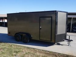 Enclosed Trailer 7x16 Charcoal V-Nose with Blackout Package Side Angle with Entry Door