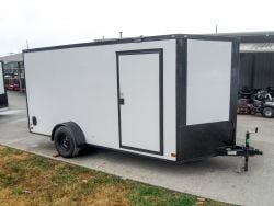 7x14 Enclosed Trailer White V-Nose Blackout Package 3,500lb Axle Storage