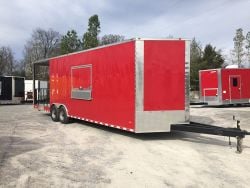 8.5' x 28' Victory Red Porch Style Concession Trailer Storage